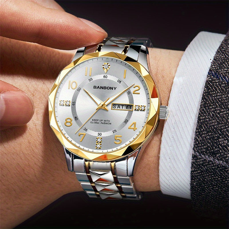 New BANBONY Brand Stainless Steel Quartz Watch Men's & Women's with Rhinestone-Embellished Simple Digital Round Dial, Luminous Display Multifunctional Fully Automatic Wristwatch for Casual Sports IPX7 Waterproof Holiday Birthday Family Party Gift