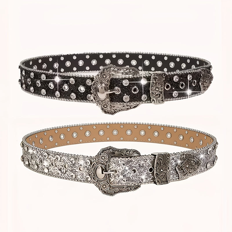 Luxurious Sparkly Sequin Belt | Black Silvery Western Punk Style Rhinestone-Embellished Belt with Rivet Decorations, Exquisitely Carved Silvery Buckle & Adjustable Holes | Daily Fashion Metal Accent for Halloween, Summer, School, Autumn, Halloween