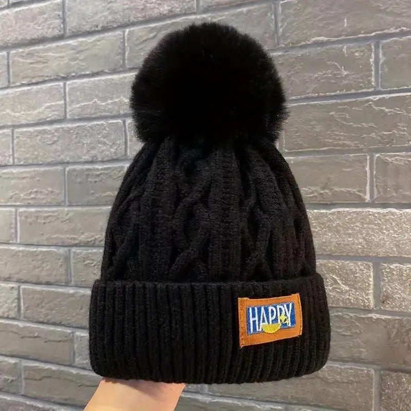 5pcs Women'S Winter Bailianie Hat with Fluffy Bubbles - Thick And Warm, Elastic for Cold Weather - Everyday And Formal Wear - Happy Logo Women'S Fashion Hat, Winter Hat, for Cold Weather Gear, Joke Design, Moisture-Wicking Fabric, S