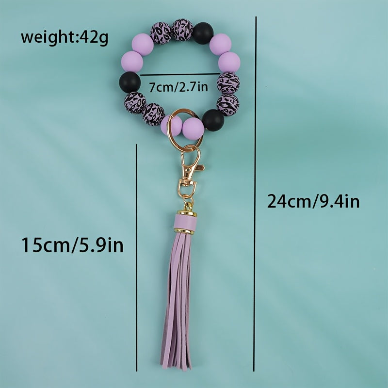 6pcs Set Of Leopard Print Wooden Bead Bead String with Tassel Keychain for Women, Holiday Gift
