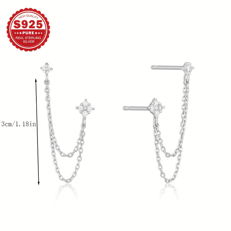 1 Pair of Classic Women'S Earrings, S925 Sterling Silvery Synthetic Zirconia Four-Flower Chain Style Studs, Elegant and Stylish, Hypoallergenic for Versatile Wear