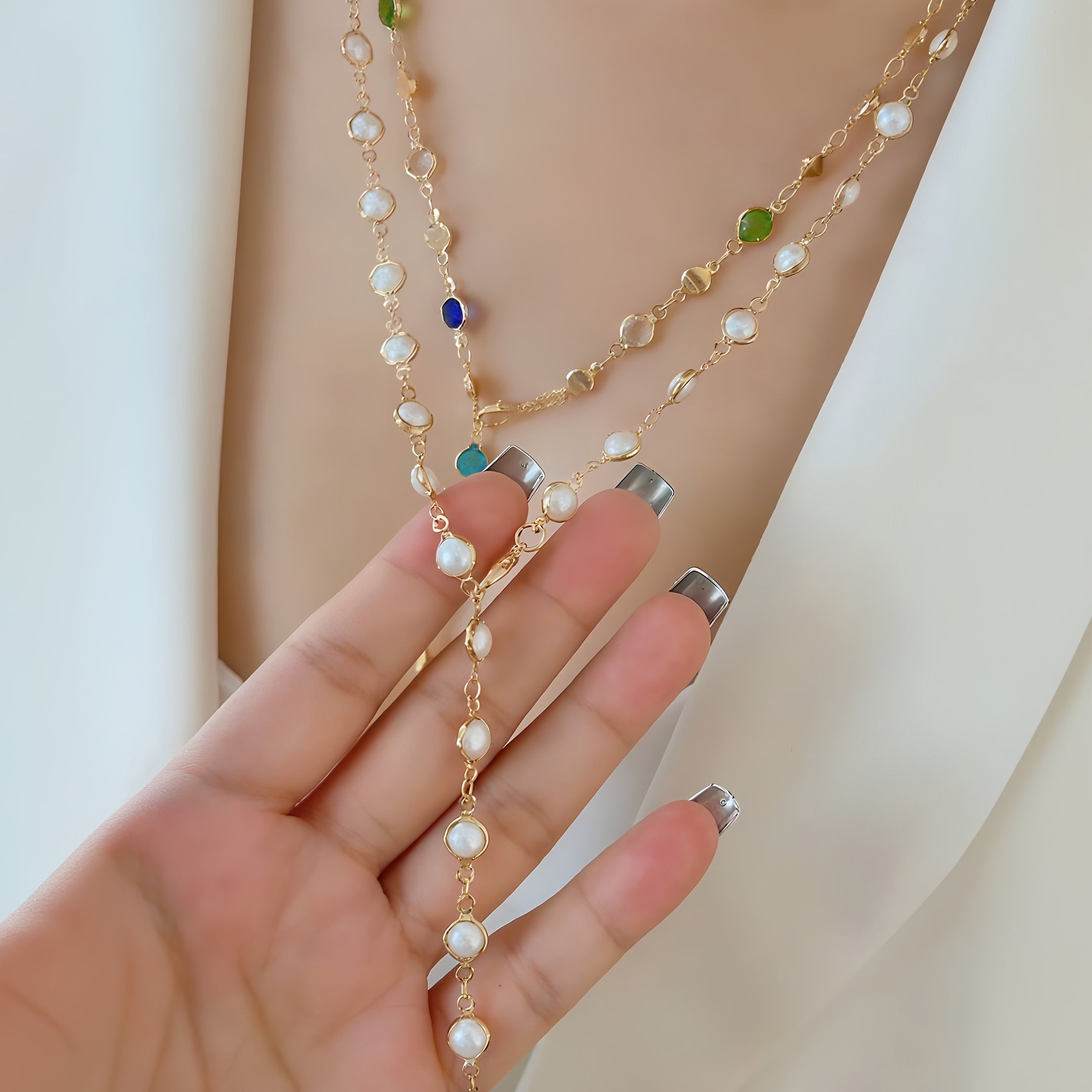 2pcs Women'S Fashion Y-Necklace Set: Easy And Elegant Colorful Rhinestone Faux Layered Necklace for Daily Wear, Dates, And Parties - Random Rhinestone Colors (Gift for Girlfriend)