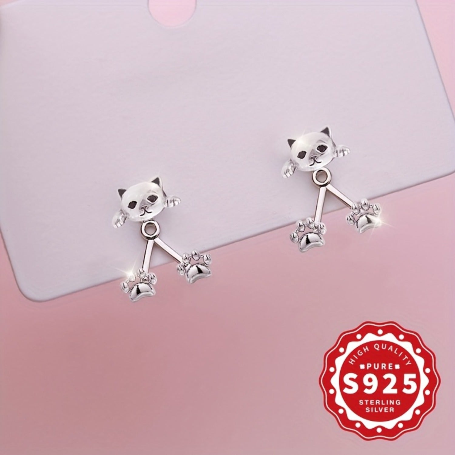 Pair of S925 Sterling Silver Cat Paw Dangle Earrings - Cute Cartoon Design, Hypoallergenic, Perfect for Daily Wear & Gifting, Ideal for Halloween & Parties, Cute Earrings