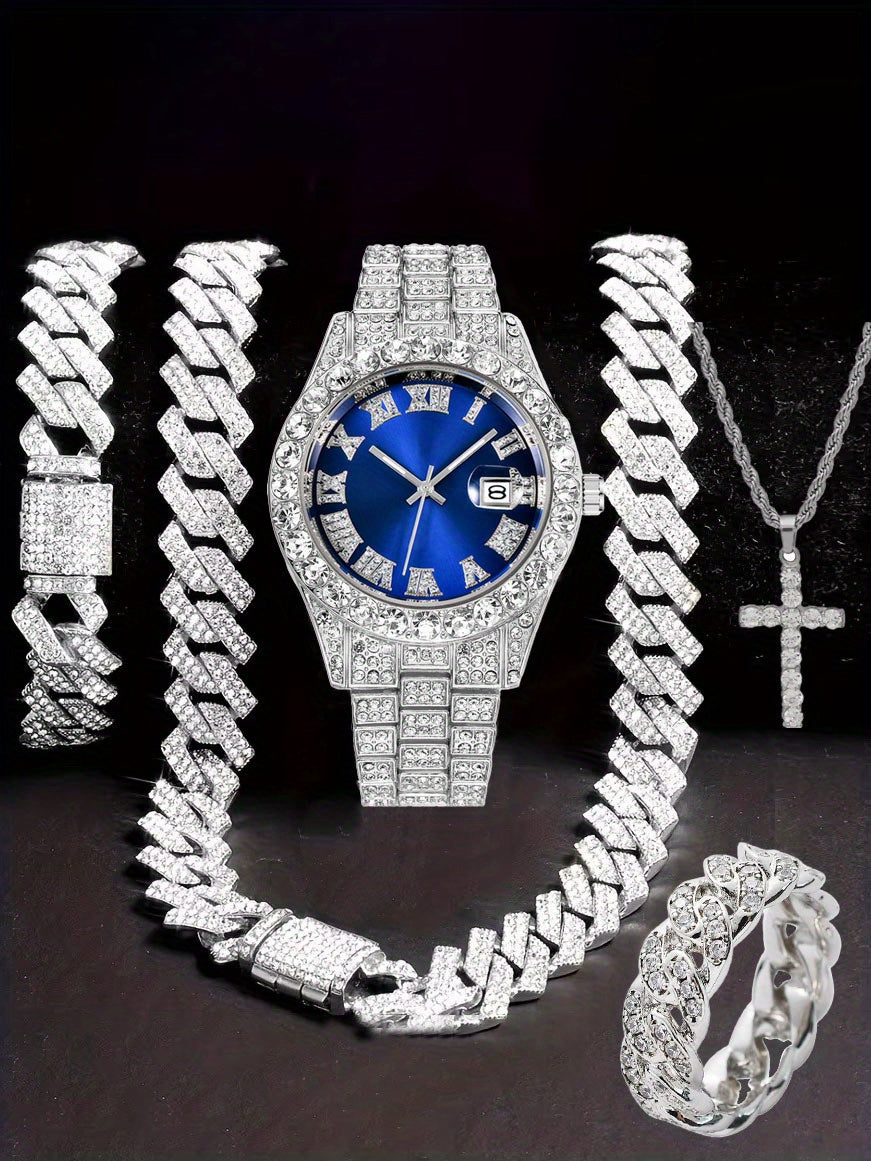 Men'S Hip Hop Set: Trendy Watch, Cuban Chain Pendant Necklace And Bracelet Combo, Stylish Men'S Additions Gift for Christmas, Birthday, Valentine'S Day, And Father'S Day