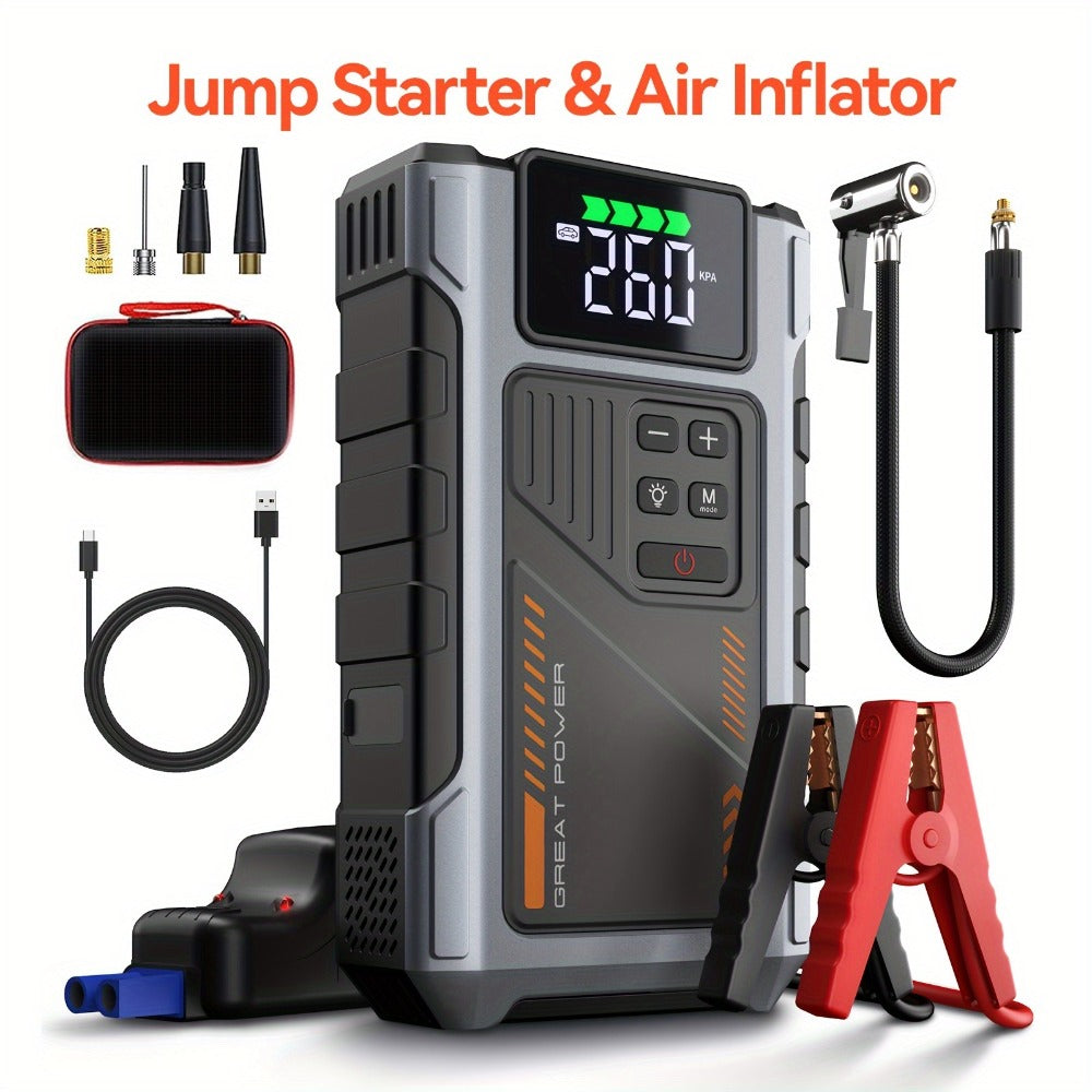 [Portable Car Jump Starter] 4000A Portable Car Jump Starter With Air Compressor, Suitable For 12V(8.0L Gas, 6.5L Diesel) Jump Starter Battery PackWith150 PSl Tire Inflator, 12V Car Battery Jump Power With LED Light, Car Accessories Tools, Car Emergency Ki