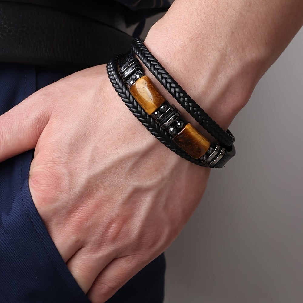 1pc Tiger Eye Stone Men'S Bracelet Natural Stone Protection Multilayer Braided Wristband Bangle Gifts For Him