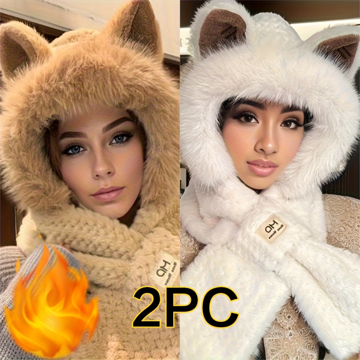 2026 Autumn And Winter New 2pcs Set WhiteAndKhaki Combination Unisex Upgraded Thickened Cute Hooded Scarf Hat Solid Color Winter Plush Cartoon Ear Warm Hat Warm And Windproof Ideal for Multiple Occasions And Holiday Gifts