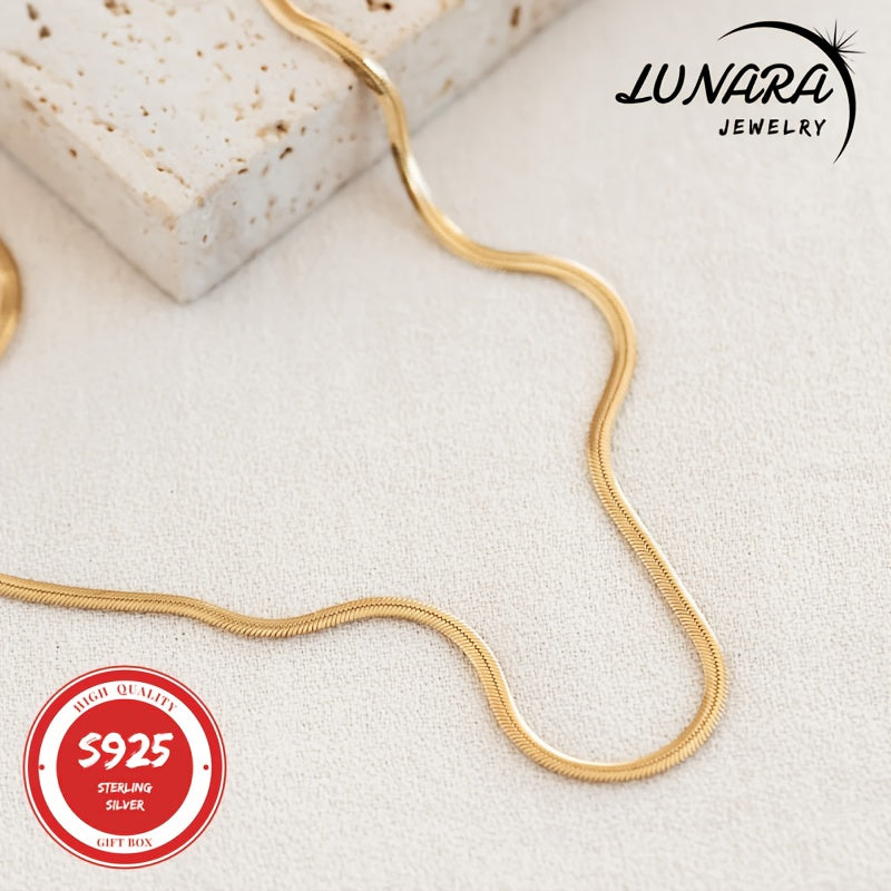 2D Flat - 24K Golden Plated Necklace, 925 Sterling Silver Necklaces, 3.5mm Herringbone Flat Snake Magic Chain Necklace For Women & Men With A Gift Box, Perfect Valentine'S Day Gift