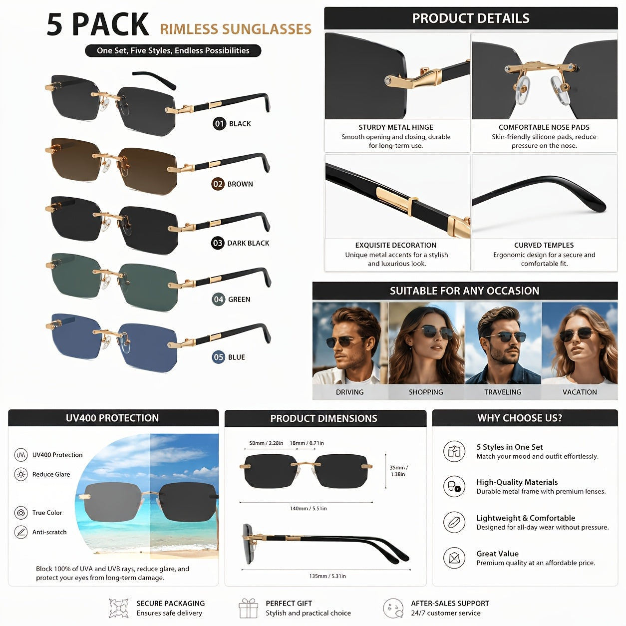 5pcs Set of Frameless Metal Fashion Glasses for Men and Women, Classic  Trend Glasses Suitable for Summer Parties, Casual Street Photography, and Holiday Gifts