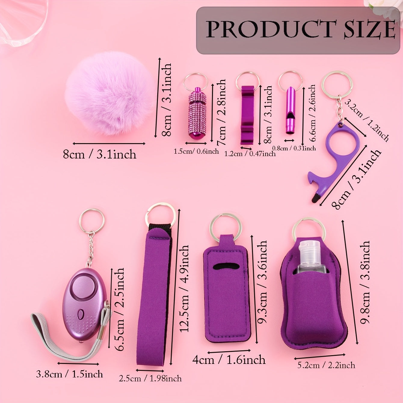 UNISEX Safety Keychain Set. Gift Box Set With 9 Cute Keychains For Ladies, Including Pom-poms, Personal Alarms, Bottle Openers, Rhinestone Shiny First Aid Kits And Survival Whistles. For Daily Use And Holiday Gift Giving