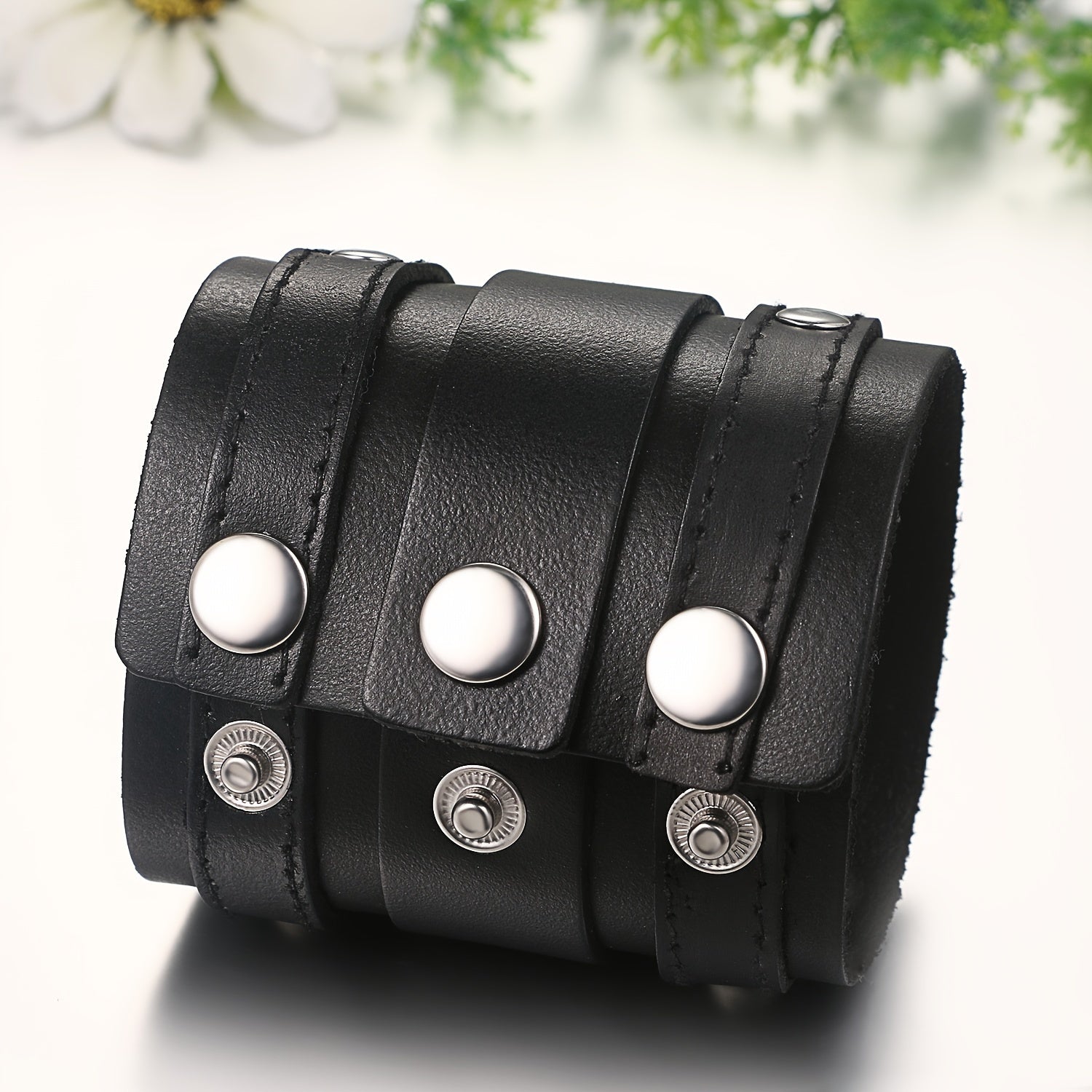 Flongo Men'S Punk Rocker Biker Bracelet Wide Faux Leather Straps Wristband Cuff