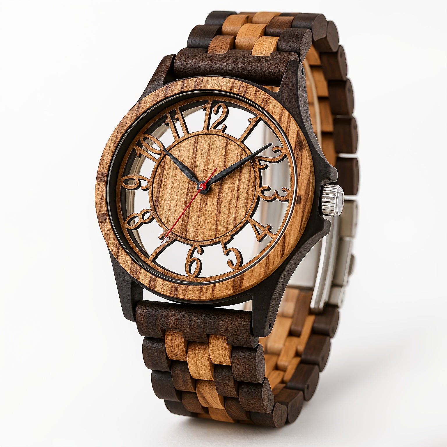 Leeev Natural Men'S Wooden Timepiece, Hollow Arabic Number Dial Quartz Watch, Quartz Movement Natural Wood Watch Gift for Men, Boys, Fathers, And Sons