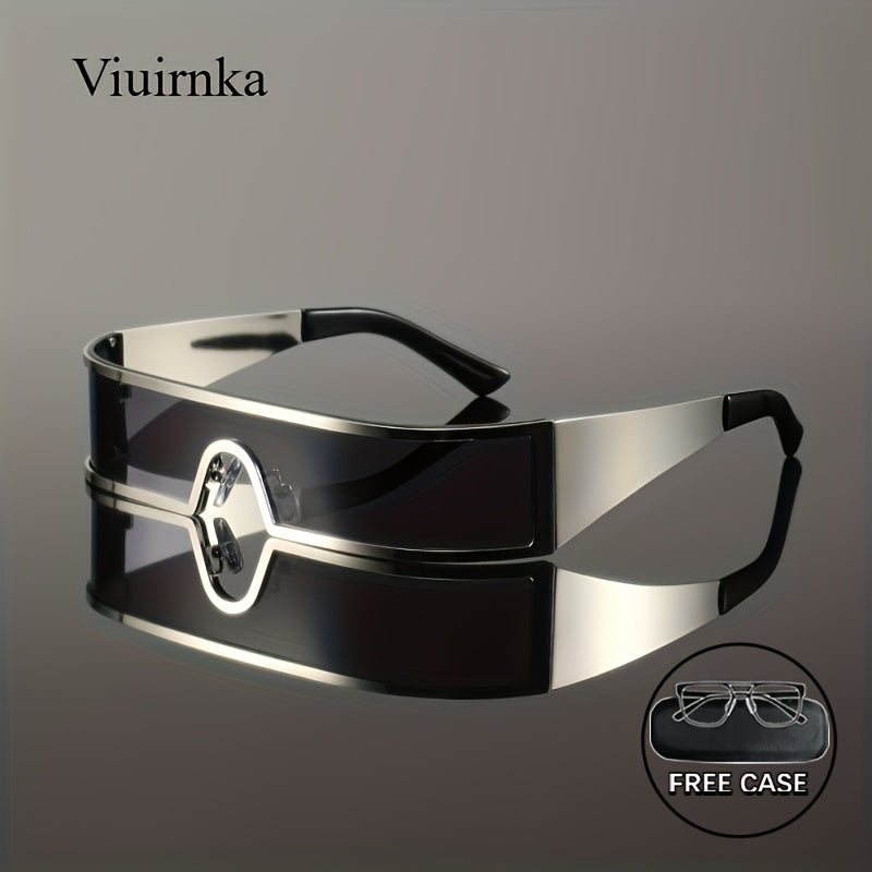 VIUIRNKA Men's Fashion Glasses, Cyberpunk Metal Wraparound Frame, Wide Temple Futuristic Design with Case, Lightweight Street Style Fashion, Perfect for Halloween & Christmas Gift Giving, Cool Quality Event Wear