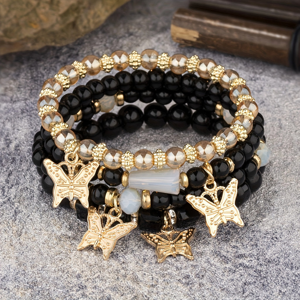 7 sets (a total of 28pcs) of multi-layer beaded stackable bracelet sets, artificial butterfly pendant jewelry sets, multi-layer beaded elastic bracelets, handmade jewelry sets -DIY beaded jewelry