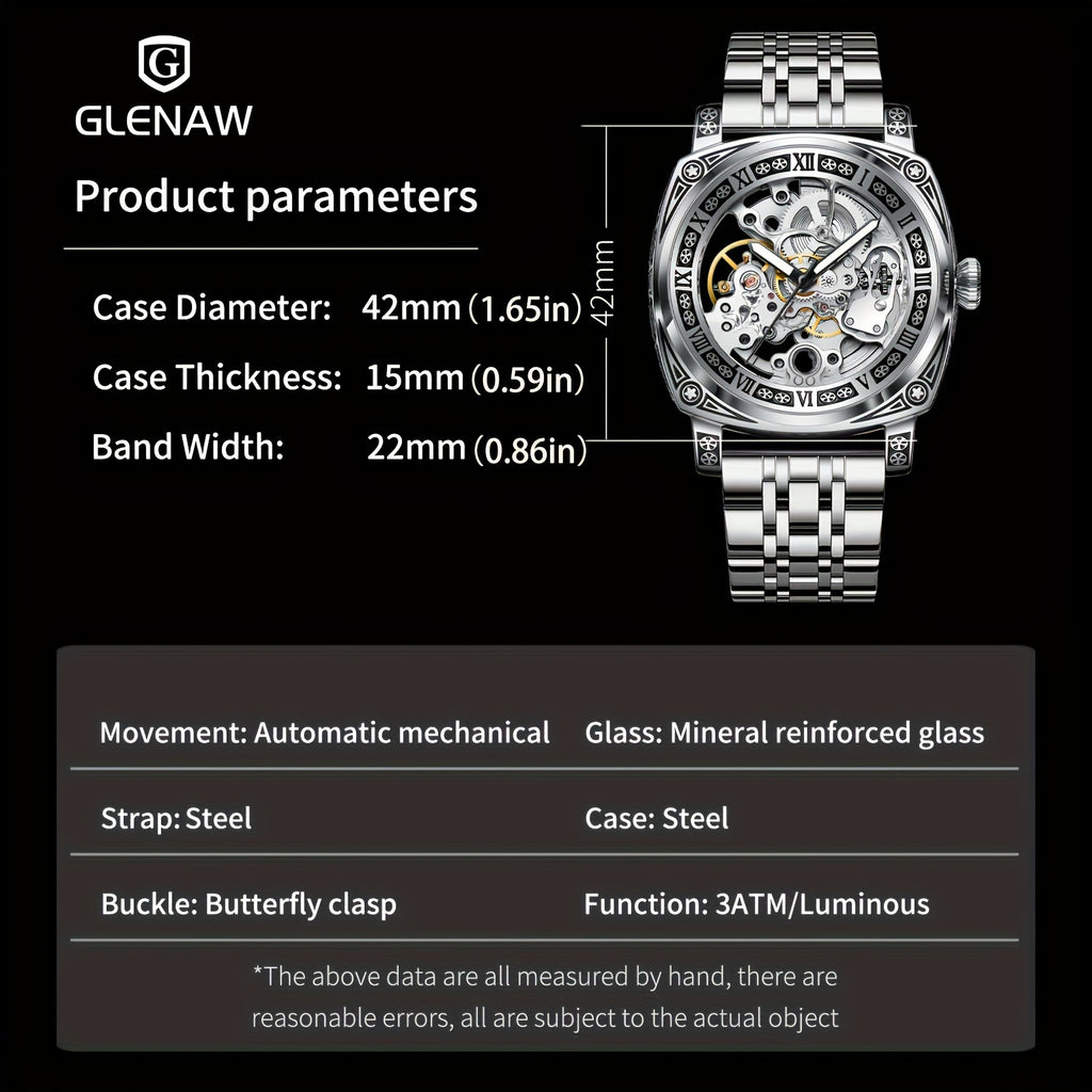GLENAW Carved Automatic Watches for Men, Retro Tattoo Skeleton Self-Winding Mechanical Watch Men's Automatic - 3 ATM Waterproof, Luminous Hands, Skeleton Dial, Ideal for Everyday Wear and Formal Occasions