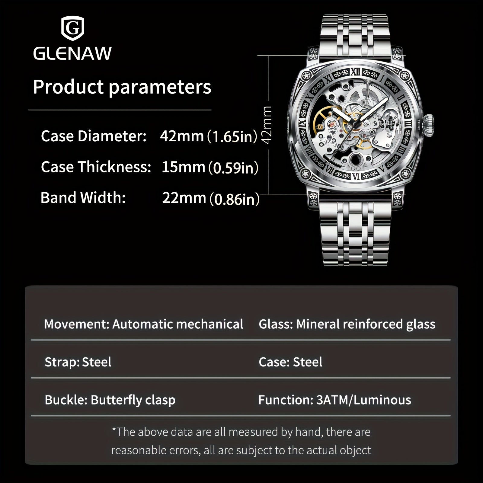 GLENAW Carved Automatic Watches for Men, Retro Tattoo Skeleton Self-Winding Mechanical Watch Men's Automatic - 3 ATM Waterproof, Luminous Hands, Skeleton Dial, Ideal for Everyday Wear and Formal Occasions