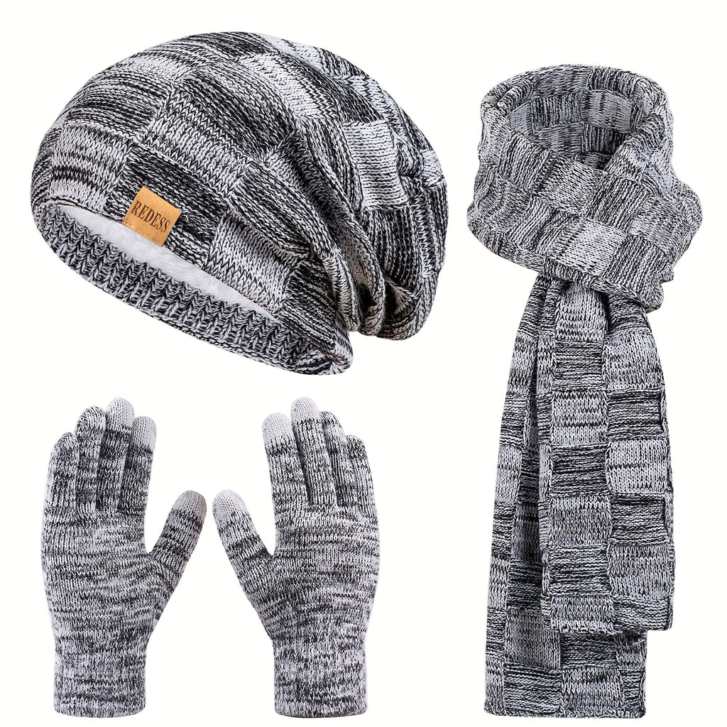 3pcs Winter Set: Unisex Hat, Scarf & Gloves/Earmuffs-like Accessory - Thick Warm Thermal Outfit for Men & Women, Compatible with Smartphones (No Touchscreen Obstruction) - Perfect Christmas, New Year Gift (Ear) - Solid