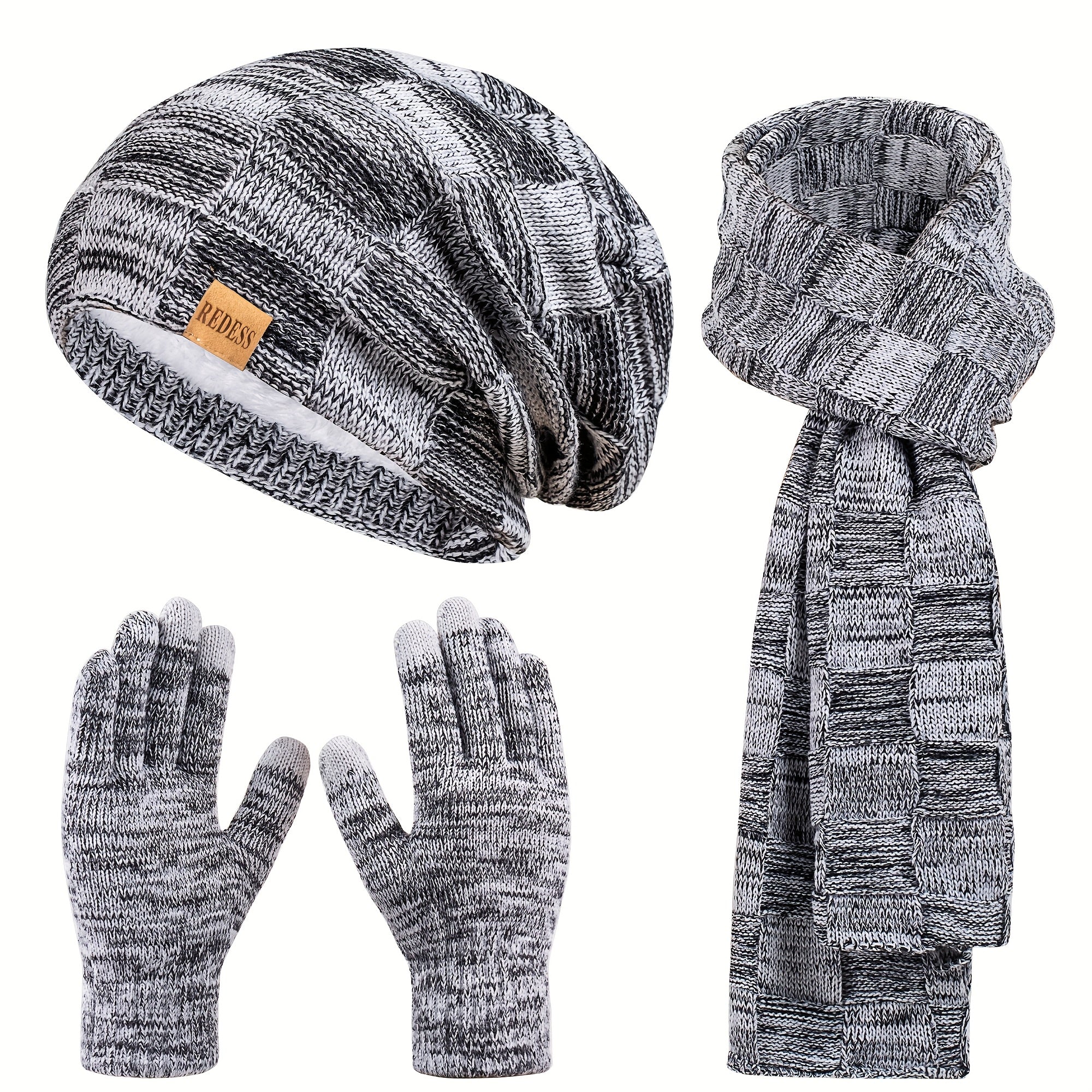 3pcs Winter Set: Unisex Hat, Scarf & Gloves/Earmuffs-like Accessory - Thick Warm Thermal Outfit for Men & Women, Compatible with Smartphones (No Touchscreen Obstruction) - Perfect Christmas, New Year Gift (Ear) - Solid