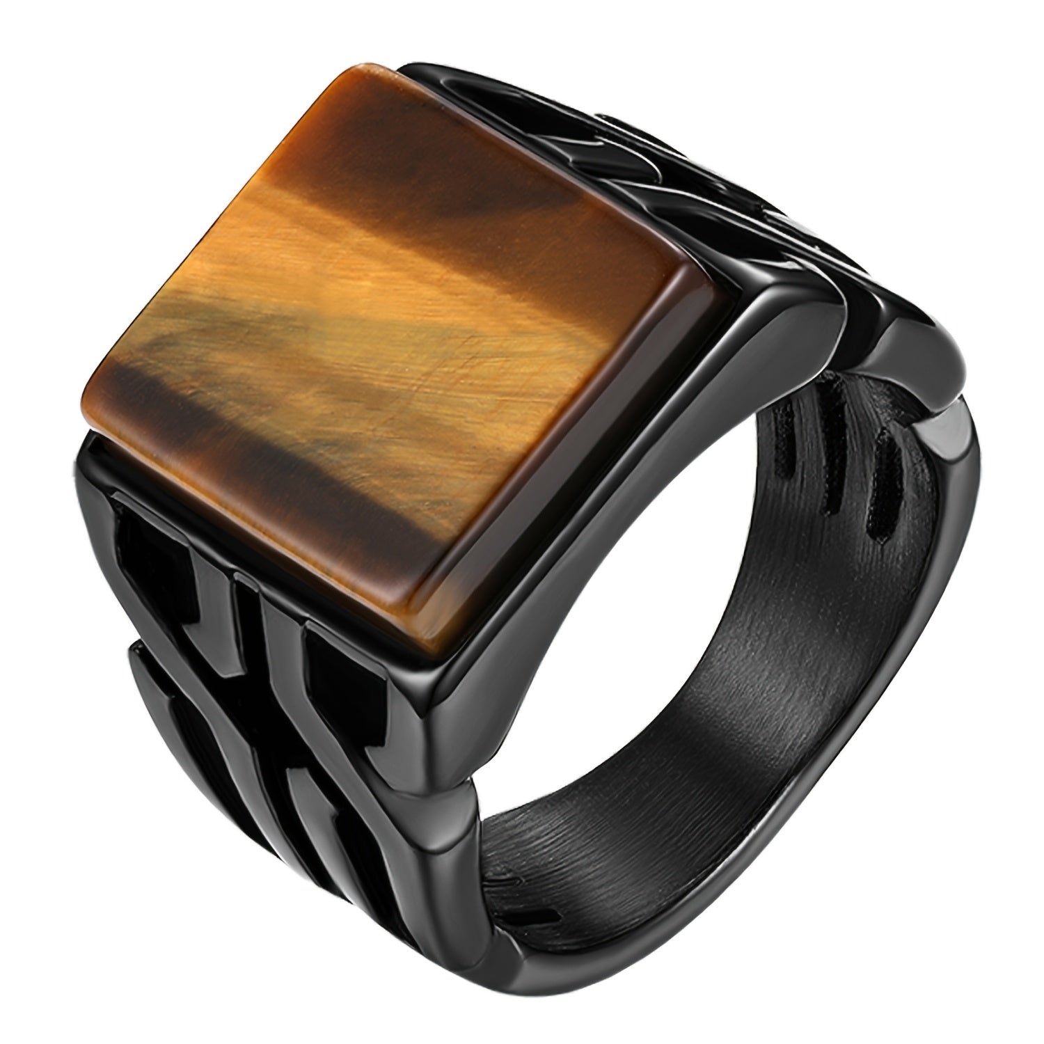 Retro Men'S Stainless Steel Square Smooth Tiger Eye Stone Wedding Ring Birthday Ring Band Size 7-14 Easy Fashion Ring Jewelry for Men
