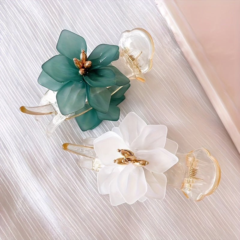 2 elegant 3D floral hair clips - anti slip banana clip, suitable for hair buns and ponytails, green and white floral designs with Golden accents, versatile hair accessories for women and teenagers, perfect for casual clothing and gatherings