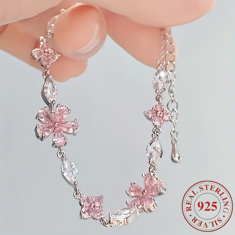 1 Women's S925 Silver Pink Cherry Blossom Bracelet, Fashionable, Cute, Exquisite Square Synthetic Synthetic Zirconia Petal Cherry Blossom Bracelet Adjustable