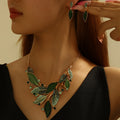 Vintage Chunky Statement Jewelry Set - 18k Golden Plated Retro Spring Green Leaf Floral Bohemian Boho Bib Necklace Earring Set Fashion Jewelry For Women Wedding Party Prom Unique Gift Band Box Christmas Thanksgiving