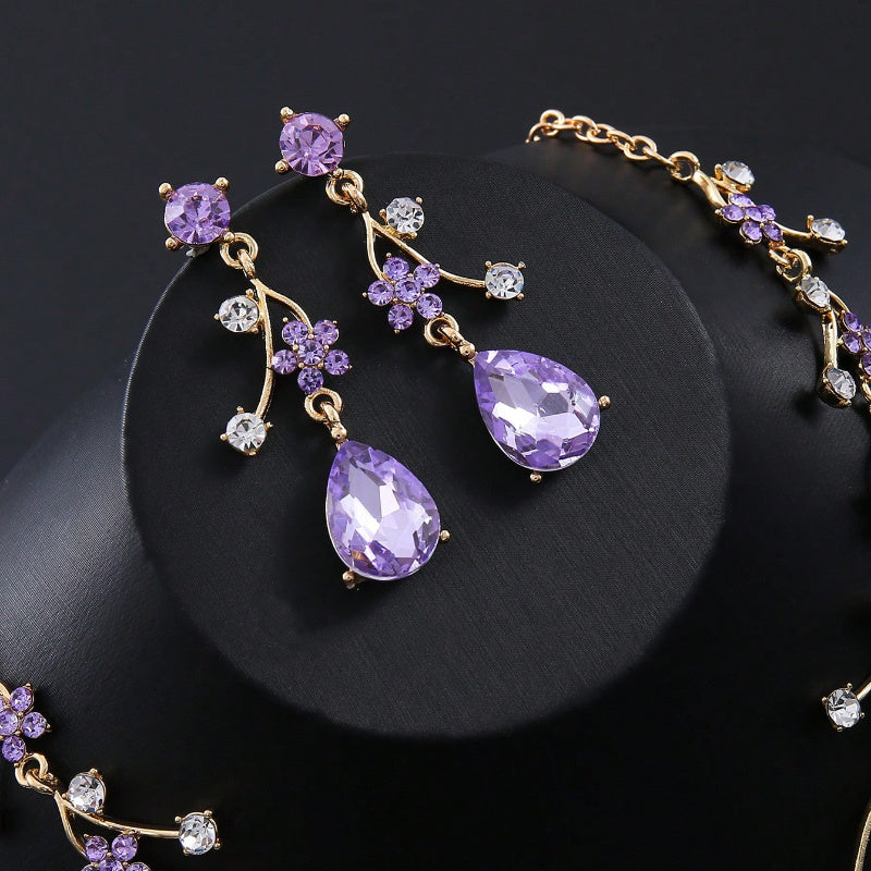 3 Pieces/ Set Of Vintage Plum Blossom Set, One Set With Purple Rhinestone Earrings And Necklace, Suitable For Brides, Bridesmaids, Weddings, Dinners, Dances, Evening Gowns, Accessories, Precious Jewelry, Holidaytotal Weight Of The Product (5G).