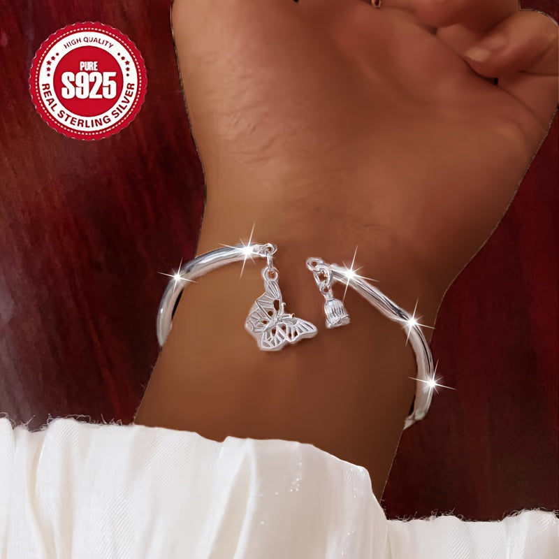925 Silver Hypoallergenic Open Bangles, Single Piece, Women's Forest Style Lily of the Valley Bracelet with Wave Fringes, Ideal for to Couples, Besties, and Christmas