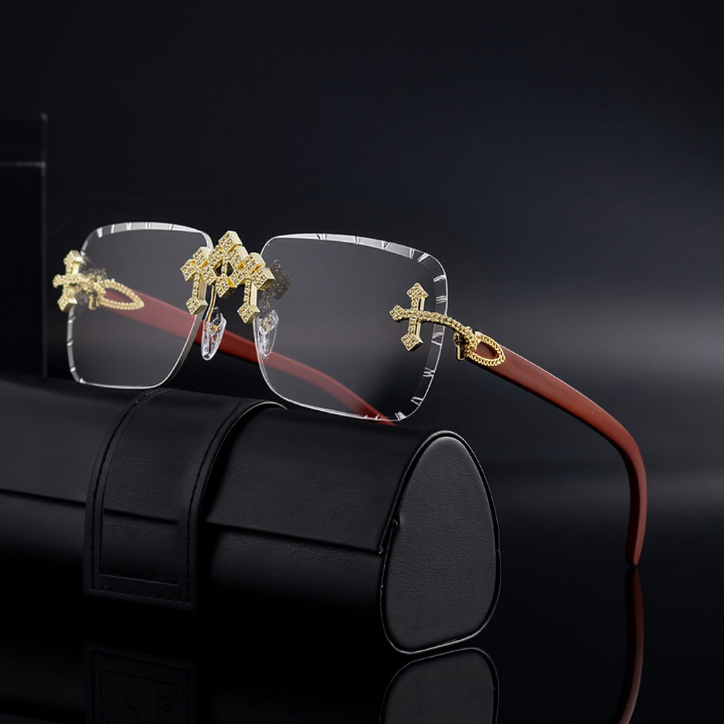 1 Pair of Men'S Frameless Square Fashion Glasses - Retro Wood Grain Design, Luxurious Gradient Tones, Stainless Steel Frame, PC Lenses, Suitable for Daily Wear And Special Occasions, Ideal Gift Choice