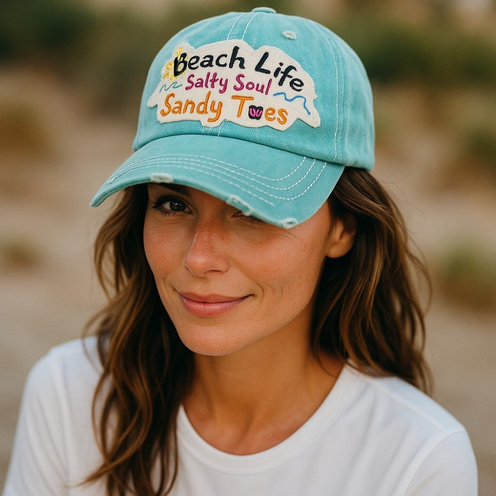 "Beach Life Salty Soul Sandy Toes" Baseball Cap-Local Artist Designed, Vintage, Distressed, Embroidered, 100% Cotton, UV Protection, Adjustable