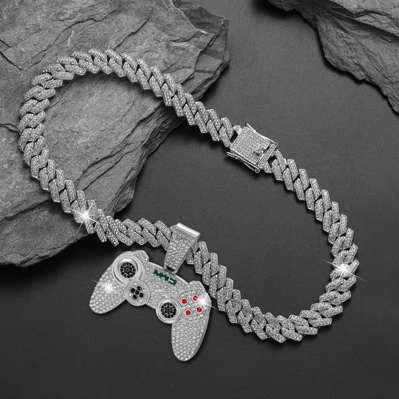 2pcs Fashionable Game Controller Pendant Necklace with Rhinestones - Men's Hip - Hop Cuban Chain, Ideal for Music Festivals, EDM Parties
