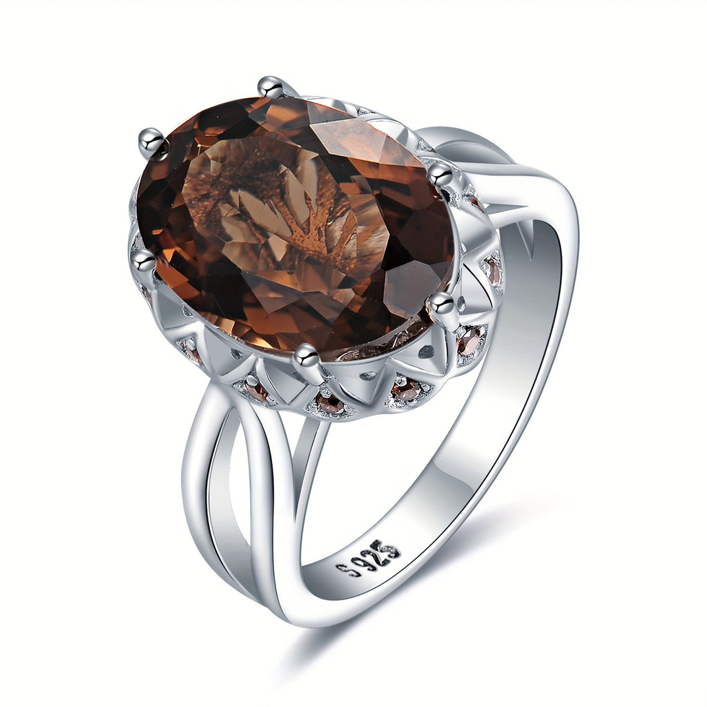 1pc 925 Sterling Silver Elegant And Luxury Exquisite Oval Cut Huge Natural Smoky Quartz Silver Ring for Women for Prom Party Banquet for Dating Gift Fine Jewelry