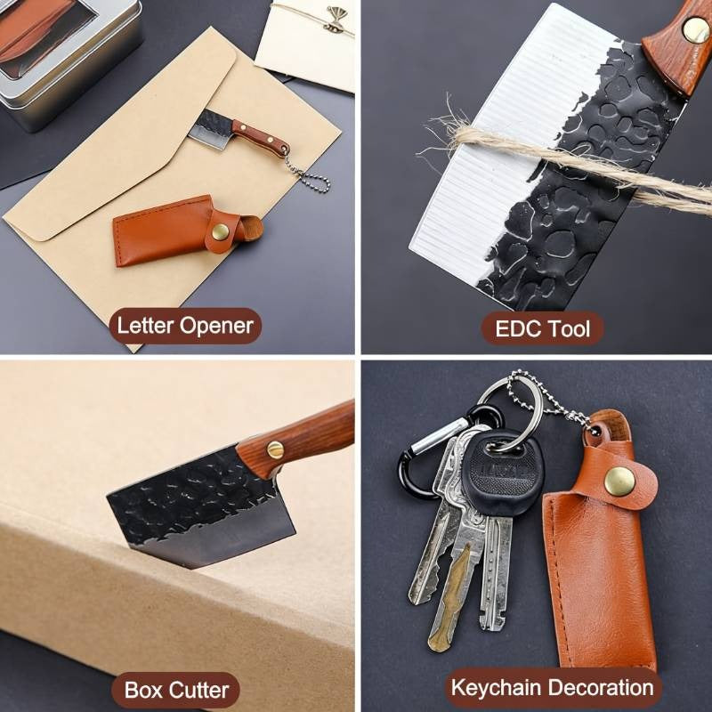 10pcs Random Premium Mini Knife Keychain Set (5 Knives And 5 Knife Sets), Damascus Pattern Pendant Blade, with Leather Cover, Stainless Steel, Non-Foldable, Straight Back, Flat Blade, Lightweight, Luxury Portable EDC Pocket Tool