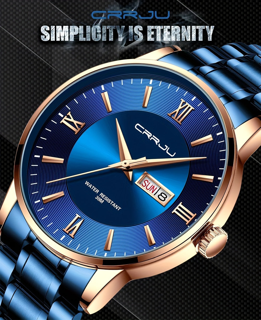 Men's Casual Stainless Steel Watch, Big Face Easy to Read Analog Quartz Watch with Day and Date, Classic Waterproof Roman Arabic Numerals Dial Dress Watch for Men, Golden Silvery Black Band