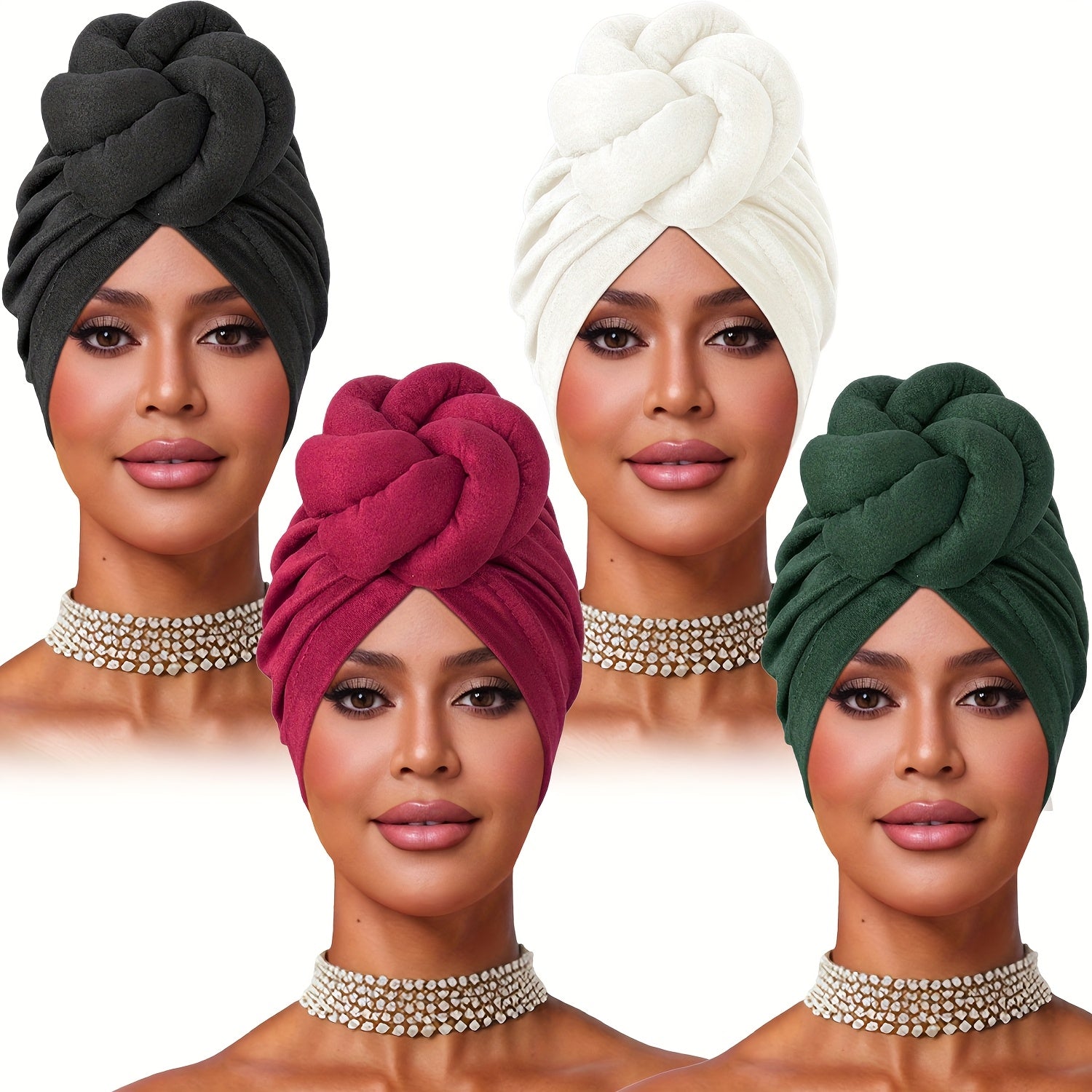 4pcs Pre-made Knotted Turban, Floral Headscarf, Deer Filled Knotted Hat, Tight Wrap Hair Cap