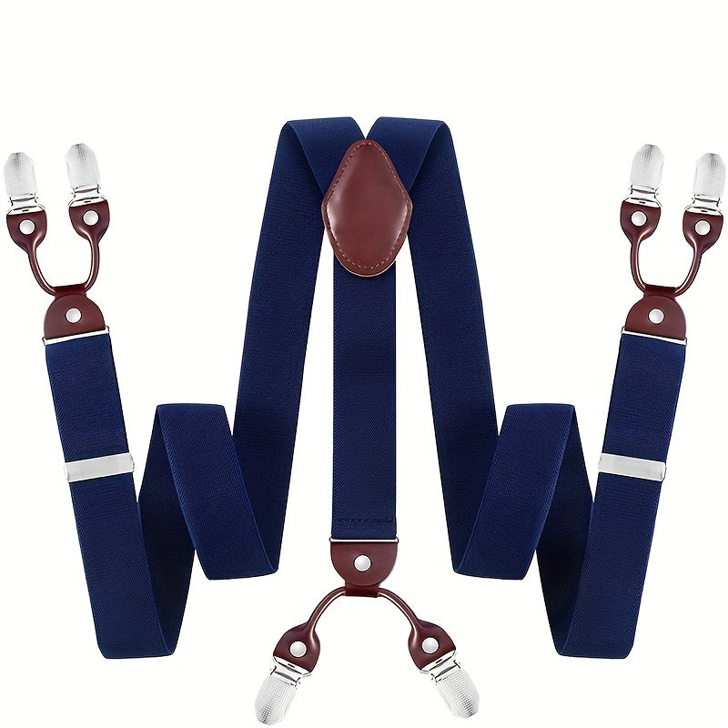 Men'S Suspenders, Suit Brace Y-back PU Leather Heavy Duty Suspender With 6 Metal CliP