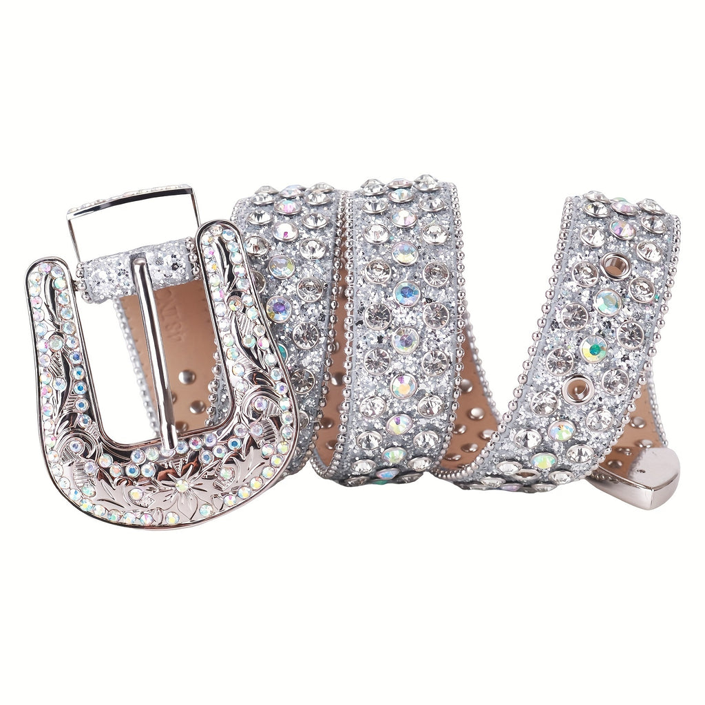 Silvery Sparkle Rhinestone Belts Women'S Luxury Bling Bling Carved Buckle Belt Punk Cowgirl Cowboy Crystal Studded Belts for Jeans