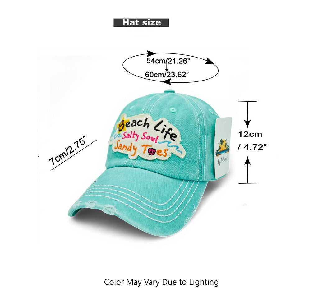 "Beach Life Salty Soul Sandy Toes" Baseball Cap-Local Artist Designed, Vintage, Distressed, Embroidered, 100% Cotton, UV Protection, Adjustable