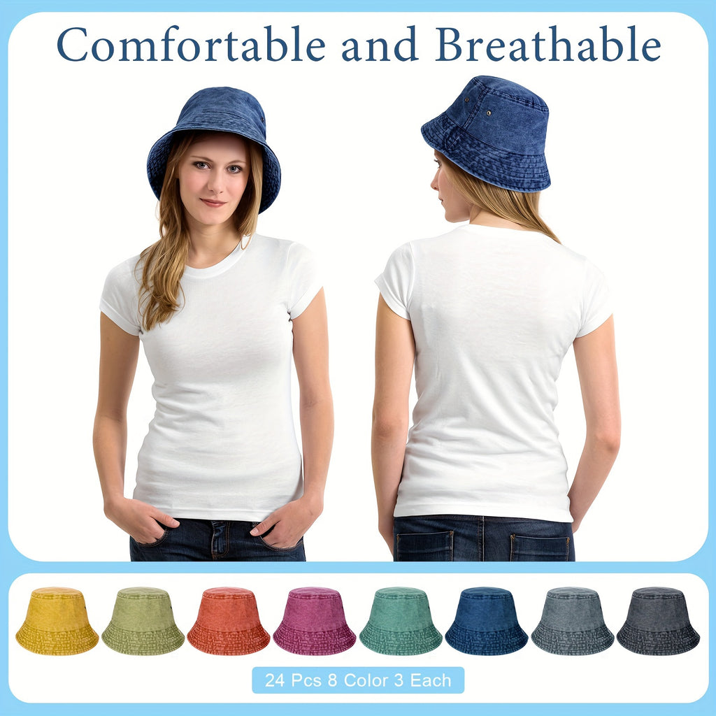 24 Pcs Bucket Hat Bulk For Women Men Cotton Summer Sun Hat Unisex Denim Travel Beach Fishing Outdoor Summer Hats Multicolor Bucket Cap For Adult
