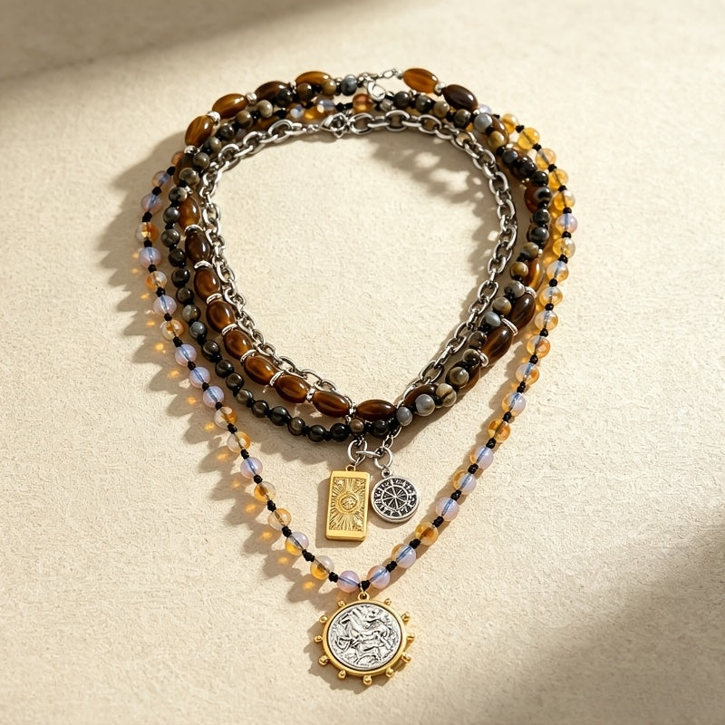 [Multi-Layer Stackable Necklace] Bohemian Vintage Multi-Layer Stackable Necklace For Women, Tiger's Eye Beaded Niche Design Nautical Compass Pendant Clavicle Chain