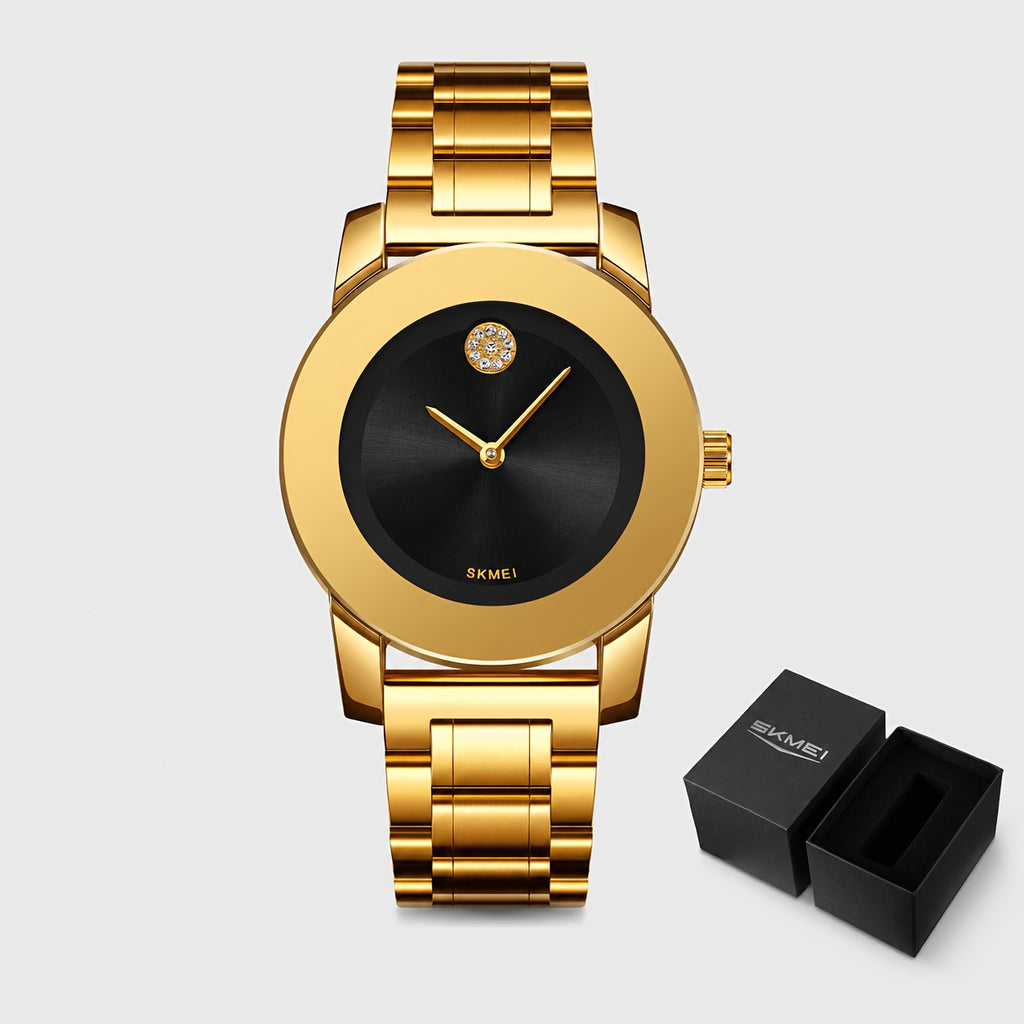 SKMEI Golden-Tone Zinc Alloy Case & Stainless Steel Band Quartz Watch - Black Dial with Accents, Classic Minimalist Design, Precise Quartz Movement, Unisex Casual & Formal Wear, Holiday Gift for Men & Women, Formal Timepiece, Elegant Style, Durable Constr