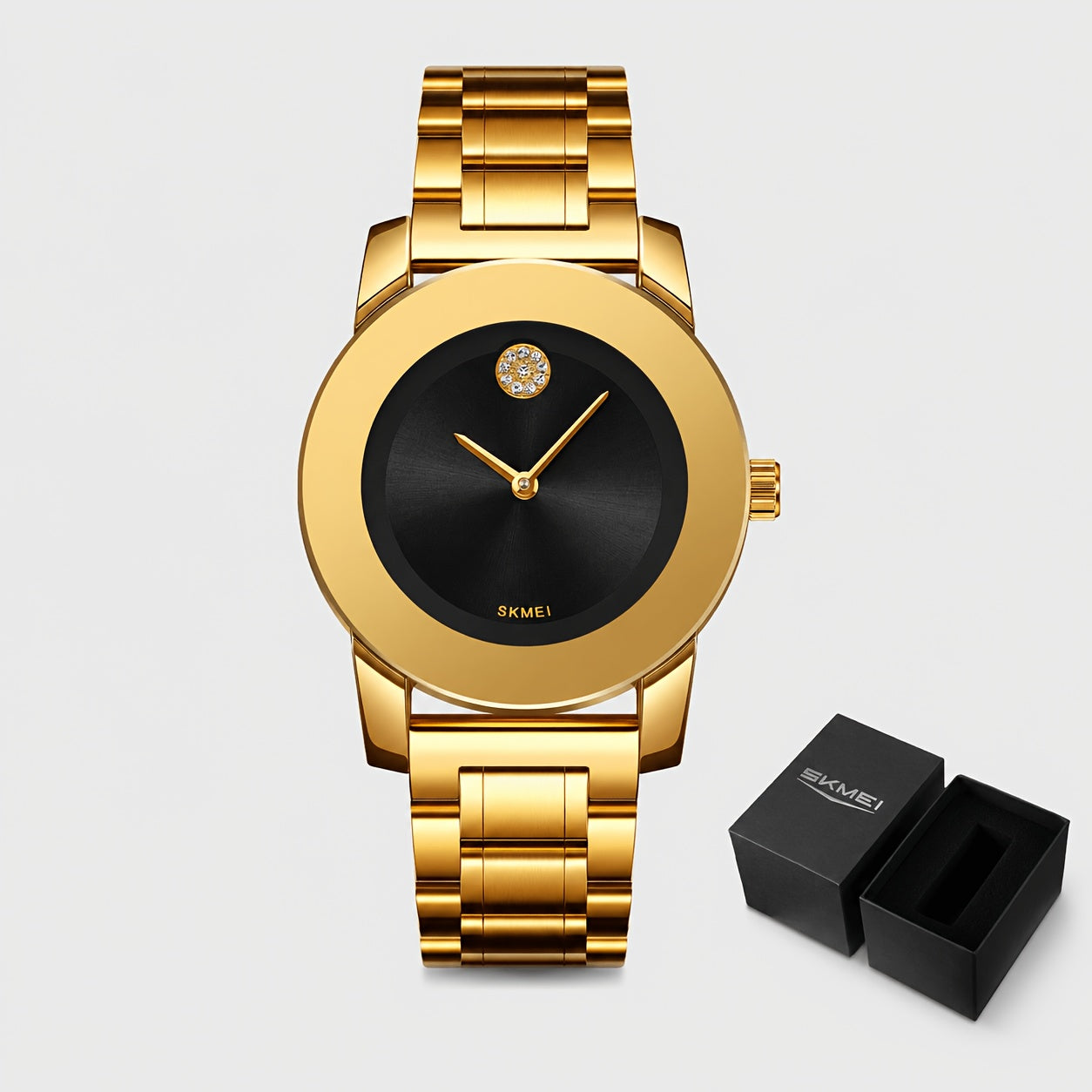 SKMEI Golden-Tone Zinc Alloy Case & Stainless Steel Band Quartz Watch - Black Dial with Accents, Classic Minimalist Design, Precise Quartz Movement, Unisex Casual & Formal Wear, Holiday Gift for Men & Women, Formal Timepiece, Elegant Style, Durable Constr
