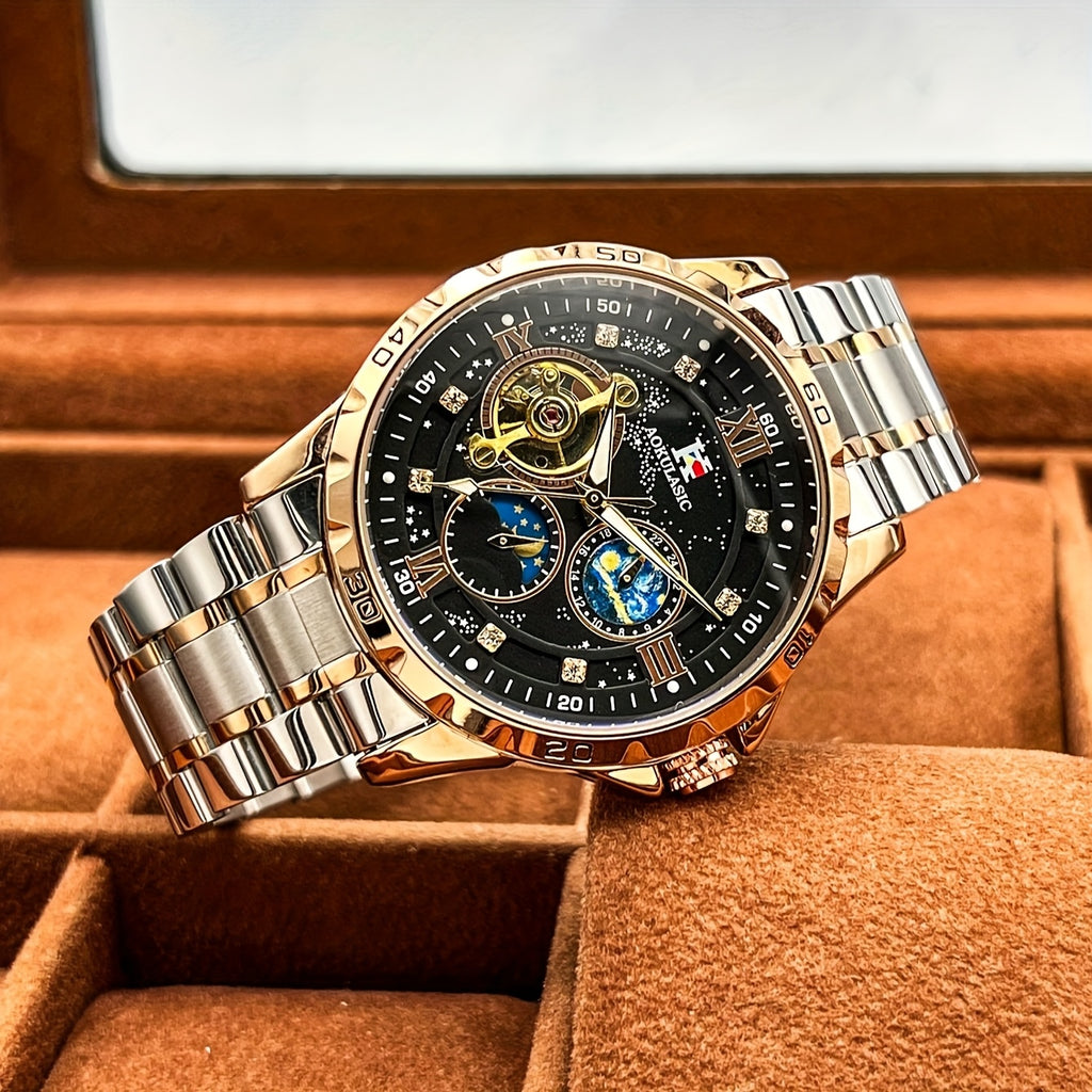 Top Brand Men Fashion Tourbillon Skeleton Automatic Mechanical Watch, Rose Golden Case Stainless Steel Strap, Iced Out Starry Sky Luminous Dial, Business Casual Mens Watches, 1pc, Gifts with Box