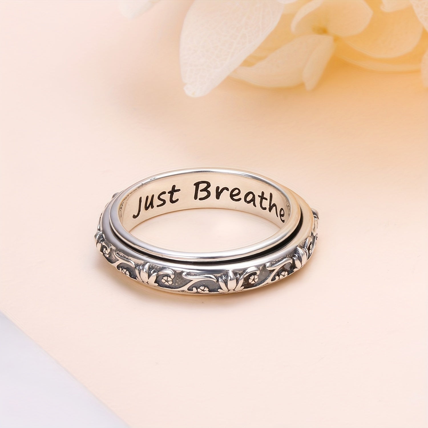 Spinner Fidget Ring S925 Sterling Silver Lotus Flower Yoga Just Breathe Anxiety Worry Band Oxidized Fidget Boredom ADHD Autism Rings For Women Men