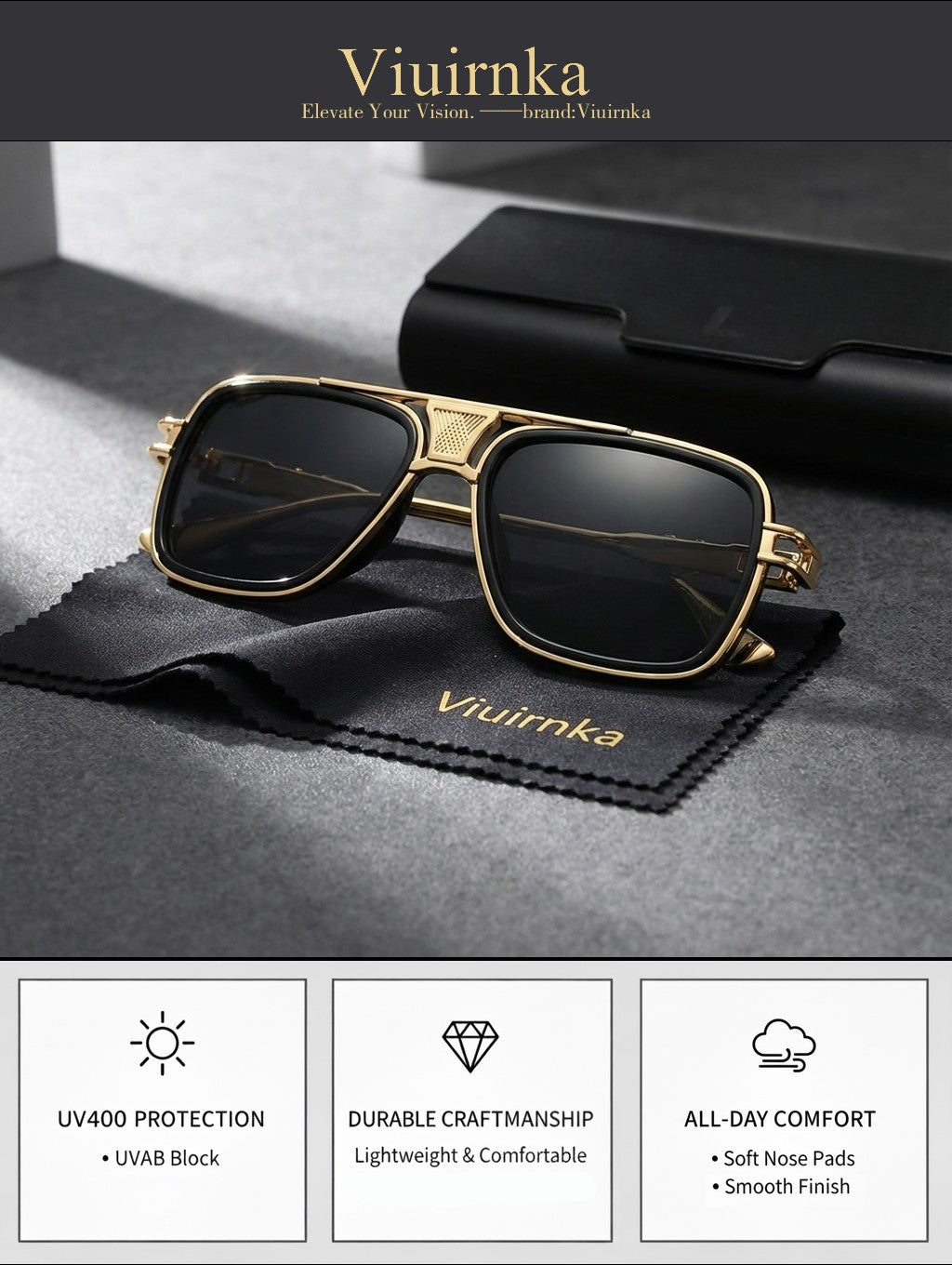Viuirnka Classic Square Sunglasses for Men Unisex Retro UV Protection Metallic Frame Lightweight Eyewear with Sunglasses Case And Cleaning Cloth for Daily Wear And Outdoor Activities