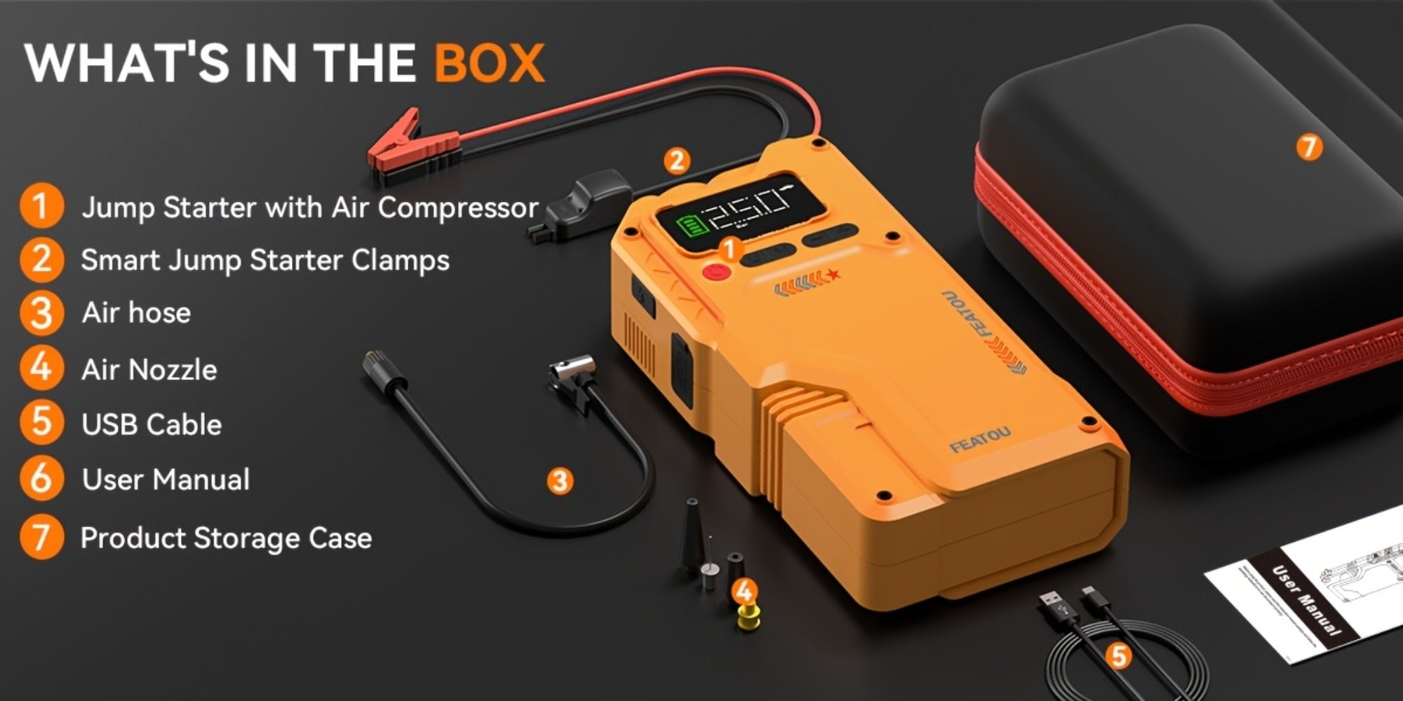 Jump Starter with Air Compressor, Portable Car Jump Starter, 5000A&7000APeak, Jump Starter Battery Pack With150PSI Digital Tire Inflator, Car Battery Jump Starter for 10.L Gas Or 2.38gal Diesel Fast Charging USB Output, LED Emergency Lighting
